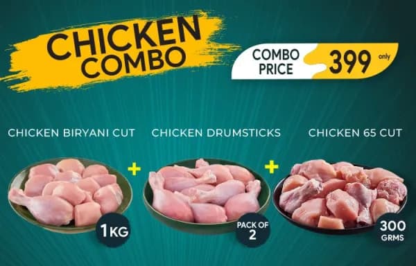 Chicken Biryani Cut 1Kg & Chicken Drumsticks 2 pcs & Chicken 65 Cut 300g